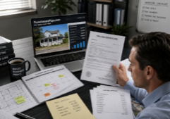 A focused real estate investor intensely reviewing a spread of legal documents, including tax lien certificates, a calendar with highlighted closing deadlines, and itemized lists for capital repairs. The scene features a professional workspace with a laptop displaying financial data and property photographs, emphasizing crisp details on the paperwork, architectural plans, and a serious, analytical atmosphere. On the laptop we can see the URL ForeclosureFlips.com