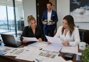 Two female investors organizing pre-foreclosure leads, property notes, and deal analysis on a desk in their executive office space. A male is entering the room with coffee for everyone.