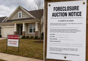 split image showing a pre-foreclosure home and a foreclosure auction notice