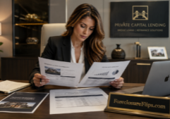 A focused female real estate investor in professional attire reviewing private bridge loan and refinance documents at a polished desk.