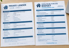 A side-by-side arrangement of a professional private lender term sheet and a foreclosure purchase budget, featuring clearly defined sections for interest rates, points, rehab draws, maturity dates, and repayment terms.