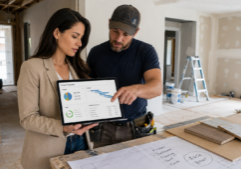 Real estate investor standing inside of a house and reviewing a renovation project dashboard with her contractor for a house flip.