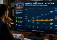 A professional investor analyzing a detailed data visualization that compares a property's current market value with three distinct future projections: a conservative estimate, a flat baseline, and an upward appreciation trend. The scene emphasizes clear, distinguishable line graphs or comparative charts integrated into the environment, highlighting the contrast between the cautious, stagnant, and growth-oriented market scenarios. At the bottom of the data visualization is the URL ForeclosureFlips.com