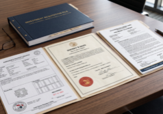 A crisp, organized layout of legal real estate documents featuring a prominent foreclosure deed laid beside a comprehensive title report, official county property records, and bound investment acquisition files.