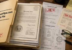 A thick manila folder sits open on a wooden desk, revealing a stack of legal documents and a property deed with official government seals.