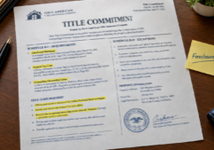 A formal real estate title commitment document for a foreclosure property laid out on a professional desk.