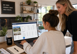 Two Gen Z female real estate investors analyzing real estate comps data with MLS photos, public records, active listings, and pending sales on screen in their home office. One is sitting and the other is looking over her partner's shoulder.