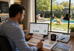 a male real estate investor reviewing rental portfolio income reports with coffee, laptop, and property management dashboard. His wife is sunbathing in the backyard by the pool while the children play with their dog.