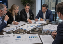 Professional real estate investors gathered around a conference table, intensely reviewing detailed financial spreadsheets, capital contribution charts, and legal contracts. The scene focuses on their collaborative discussion regarding a distressed property joint venture, with architectural blueprints and photos of a weathered building visible among the paperwork. Soft office lighting highlights the textures of the documents and the analytical expressions of the individuals as they negotiate profit splits and project responsibilities.