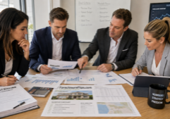 A group of real estate investors intensely analyzing foreclosure property data and financial terms spread across a table.