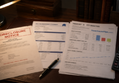 A foreclosure notice with prominent red lettering rests on an investor's dark wood desk, positioned beside a 2022 FHA mortgage statement and a multi-page property equity analysis filled with financial tables and color-coded graphs.