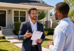 Real estate investor discussing a rent-to-own exit strategy with a future buyer in front of a renovated home.