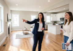 A professional real estate investor showing a brightly lit, modern renovated home interior to an interested prospective rent-to-own buyer. The scene highlights clean architectural lines, fresh neutral-toned paint, and polished flooring that reflects a complete transformation from a foreclosure to a rent-to-own property. The investor is captured mid-gesture, pointing out the updated features of the spacious room, while the buyer looks on with an appreciative expression. Natural daylight enhances the crisp textures and the inviting, move-in-ready atmosphere of the property.