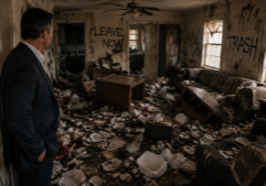 A well-dressed landlord stands at the entrance of a severely vandalized home, looking over a scene of total disarray. The floor is buried under a thick layer of scattered trash, broken household items, and discarded debris. Furniture is overturned and damaged, while the walls are marked with stains and grime. The atmosphere is heavy with neglect, illuminated by dim light filtering through dirty windows that highlights the gritty textures of the mess and the distressed expression of the owner.