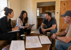 Two female real estate investors meeting with two male sellers in their living room discussing providing seller financing on their property that needs repair.