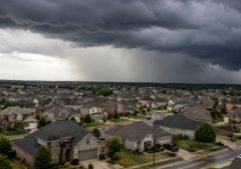 A large suburban housing subdivision with storm clouds overhead.