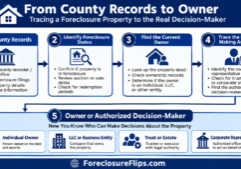 A professional infographic diagram illustrating a step-by-step process that traces a foreclosure property from official county records to the owner or authorized decision-maker