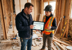 A male house flipper and a female construction foreman in a high-visibility vest stand inside a residential property mid-renovation, surrounded by exposed wall studs and construction debris. They are closely examining a project schedule and financial charts on a large tablet, engaged in a focused discussion about the trade-offs between a rapid completion and long-term investment strategy. The lighting is natural and bright, highlighting the textures of raw wood and plaster within the active construction site.