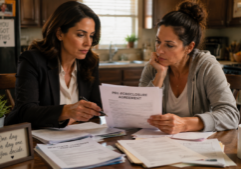 A focused scene at a kitchen table where a professionally dressed female real estate investor and a casual-clothed female single-parent homeowner are intently reviewing a stack of mortgage papers and a legal agreement. The lighting is warm and natural, emphasizing the textures of the printed documents and the determined, collaborative expressions on their faces as they discuss the details of the pre-foreclosure contract.