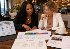 Two fashionably dressed female real estate investors comparing tax delinquency, tax lien, tax deed, and mortgage foreclosure opportunities while having coffee in a trendy cafe.