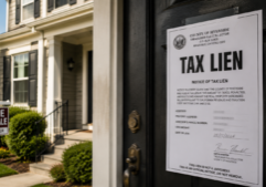 A suburban residential house featuring a prominent official government notice or legal document attached to the front door, displaying the words "Tax Lien" in bold, clear lettering. The scene emphasizes the addition of this formal paperwork to the property, maintaining the house's structure while introducing a serious and authoritative atmosphere through natural lighting and sharp textural details on the document.