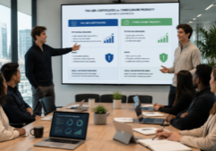 Two young professionals in their early 20s, dressed in modern smart-casual attire, lead a presentation in a contemporary glass-walled conference room. One investor gestures toward a large digital screen displaying a side-by-side comparison of tax lien certificates and foreclosure property data, while the other engages with a diverse team seated around a minimalist wooden table. The office environment is bright with natural light from floor-to-ceiling windows, featuring sleek laptops, tablets, and notebooks scattered among the team. Charts and financial infographics are visible on the screen, illustrating the risks and rewards of each investment strategy in a clean, professional layout.