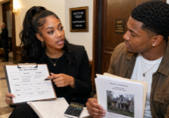 Female Gen Z real estate investor explaining the difference between tax lien and tax deed investing opportunities to her boyfriend before bidding on a distressed property.