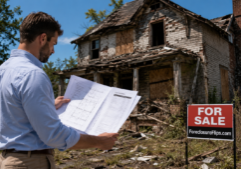 Real estate investor reviewing demolition estimates and replacement building plans at a damaged foreclosure