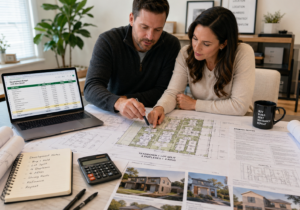 a husband and wife real estate investor team reviewing a teardown lot split site plan with duplexes, ADUs, zoning notes, and construction budget software
