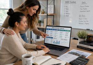 two millennial female real estate investors reviewing rental income, renovation costs, refinance projections, and BRRRR market data on a laptop in their home office