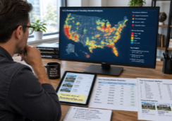 A professional real estate investor sits at a modern workspace, intently analyzing a digital map of the United States glowing on a large monitor.