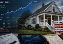 Well-maintained home with a foreclosure sign beside Treasury yield charts, mortgage rate trends, and investor notes on housing market pressure.