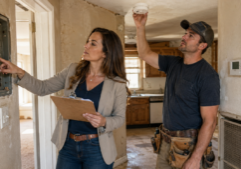 Millennial female real estate investor checking utilities and safety systems after buying a foreclosure property along with her handyman.