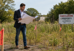 Investor walking a vacant foreclosure lot with survey flags and preliminary building plans