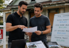 Real estate wholesaler standing in front of a distressed property deal with his business partner, analyzing repair budget, ARV, and buyer presentation.