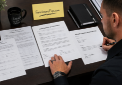 A focused real estate wholesaler analyzing legal paperwork spread across a desk, specifically comparing various state disclosure forms, a signed assignment contract, and a formal seller cancellation notice.