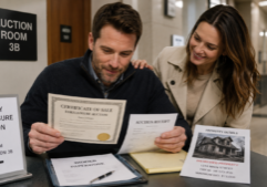 Real estate investor reviewing post-auction documents after winning a foreclosure auction as his smiling wife pats him on the shoulder.