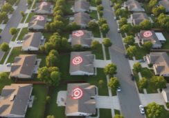 A high-angle aerial view looking down onto a quiet residential subdivision with rows of detached houses and green lawns. A few specific homes, randomly distributed across the blocks, have large, graphic red bullseye targets superimposed on their roofs, standing out against the surrounding neighborhood. The scene captures the organized layout of the suburbs with these prominent red markers highlighting specific properties from a bird's-eye perspective.